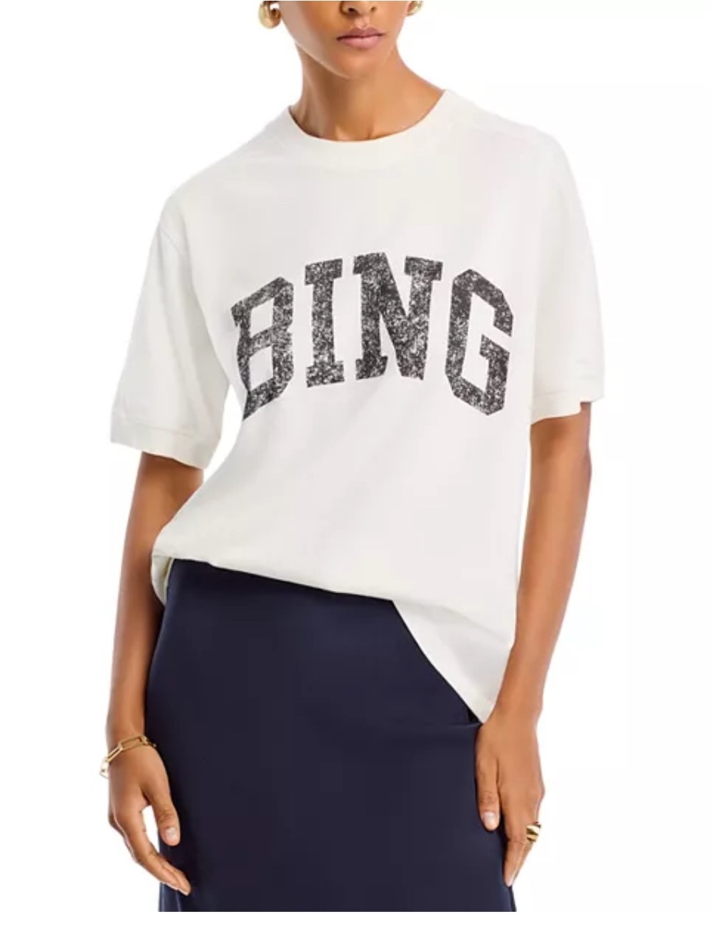 Anine Bing Ivory Tee with Distressed Black 'BING' Logo